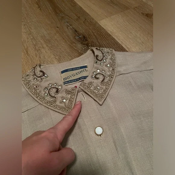 Vintage 1940’s 50s rhinestone beads linen dress pleats buttons Medium M 28”w VLV - Picture 11 of 12